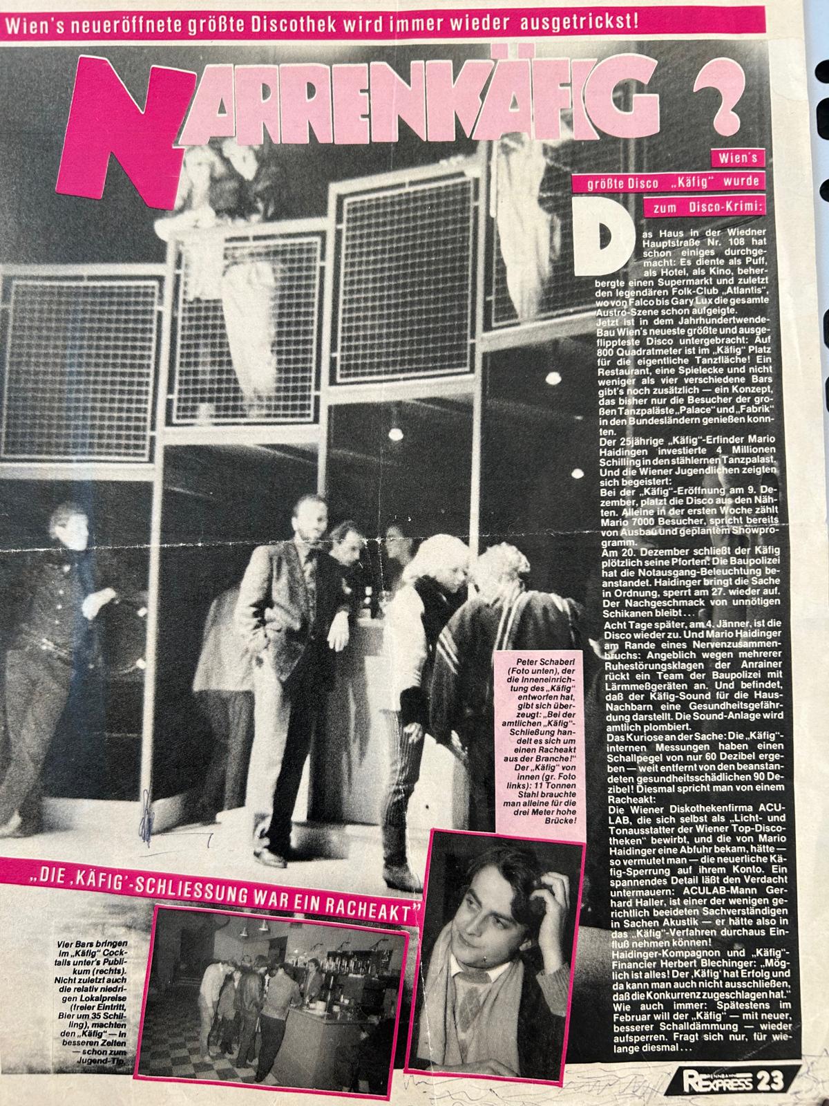 Zeitungsartikel über den Käfig, Wien — größte Disco der Stadt
